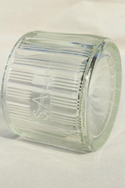 photo of heavy old glass Salt pig, large ribbed glass hoosier jar embossed lettering #3