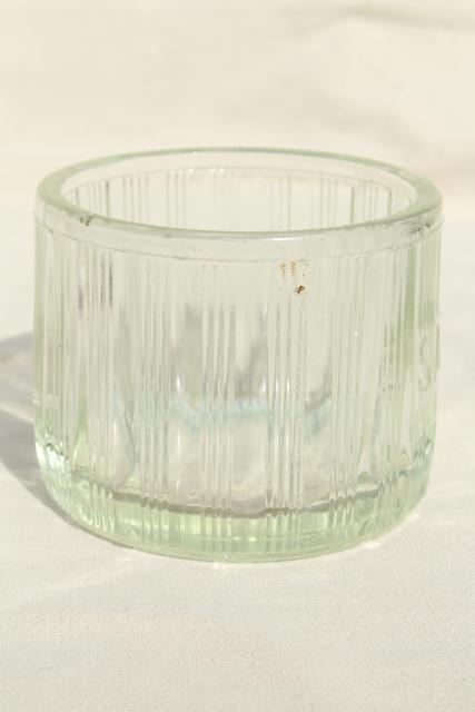 photo of heavy old glass Salt pig, large ribbed glass hoosier jar embossed lettering #7