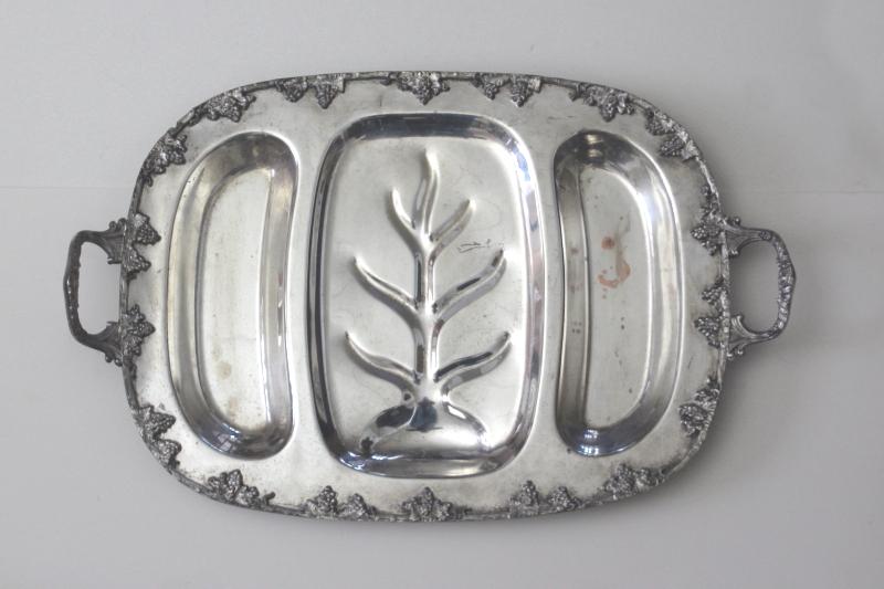 photo of heavy old ornate silver plate meat platter, handled serving tray for roasts or game #1