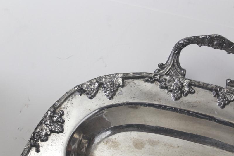 photo of heavy old ornate silver plate meat platter, handled serving tray for roasts or game #7