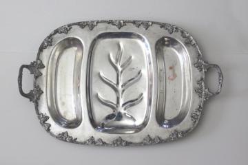 heavy old ornate silver plate meat platter, handled serving tray for roasts or game