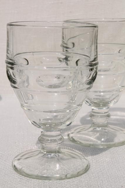 photo of heavy old pressed glass water goblets, vintage wine glasses thumbprint band #2