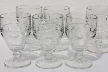 catalog photo of heavy old pressed glass water goblets, vintage wine glasses thumbprint band