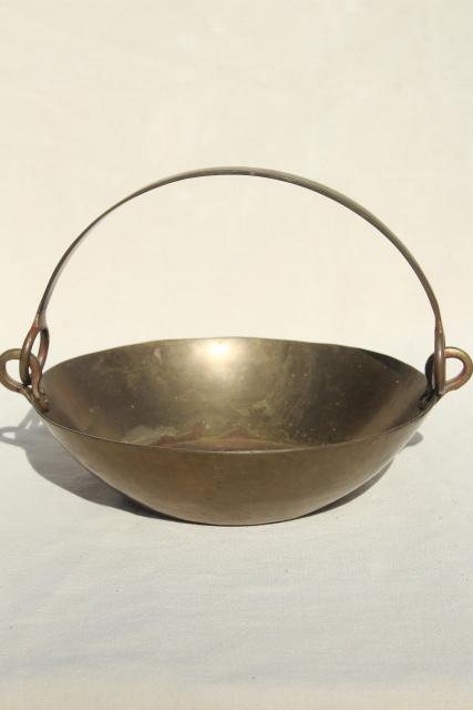 photo of heavy old solid brass basket or scale pan w/ handle, rustic industrial primitive #3
