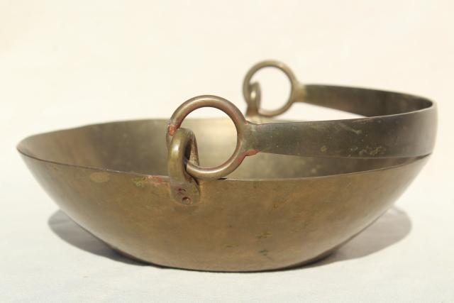 photo of heavy old solid brass basket or scale pan w/ handle, rustic industrial primitive #6