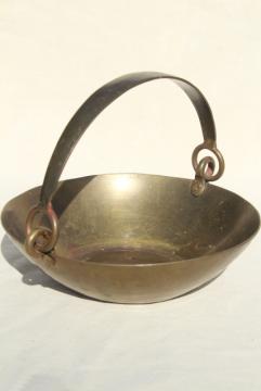 catalog photo of heavy old solid brass basket or scale pan w/ handle, rustic industrial primitive