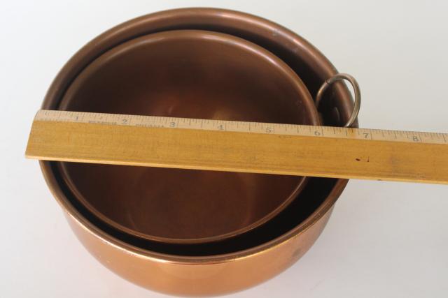 photo of heavy old solid copper mixing bowls, nesting bowl set w/ brass rings for wall hanging #6