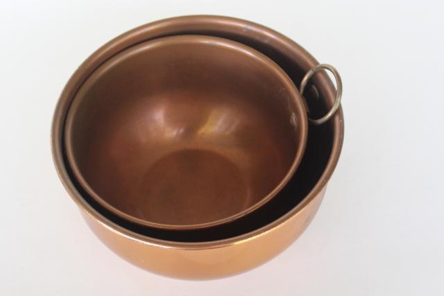 photo of heavy old solid copper mixing bowls, nesting bowl set w/ brass rings for wall hanging #7