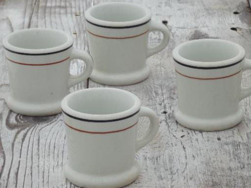 photo of heavy old white ironstone mugs, black & tan band railroad china coffee cups #1