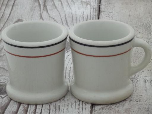 photo of heavy old white ironstone mugs, black & tan band railroad china coffee cups #2