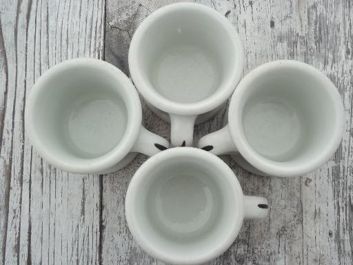 photo of heavy old white ironstone mugs, black & tan band railroad china coffee cups #4