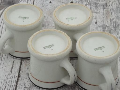 photo of heavy old white ironstone mugs, black & tan band railroad china coffee cups #5