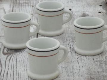 catalog photo of heavy old white ironstone mugs, black & tan band railroad china coffee cups