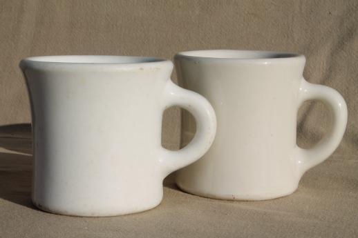 photo of heavy old white ironstone mugs, vintage railroad china or restaurant ware coffee cups #1