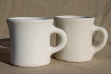 catalog photo of heavy old white ironstone mugs, vintage railroad china or restaurant ware coffee cups