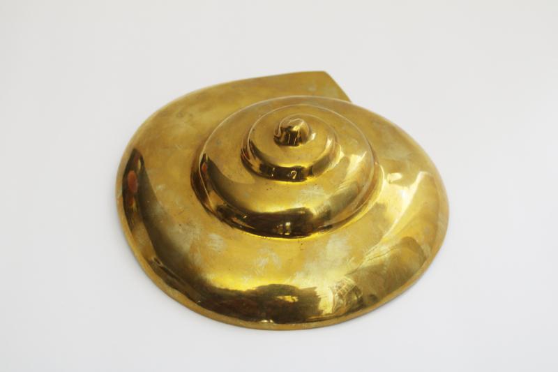 photo of heavy polished brass nautilus shell, vintage seashell wall art or paperweight #1