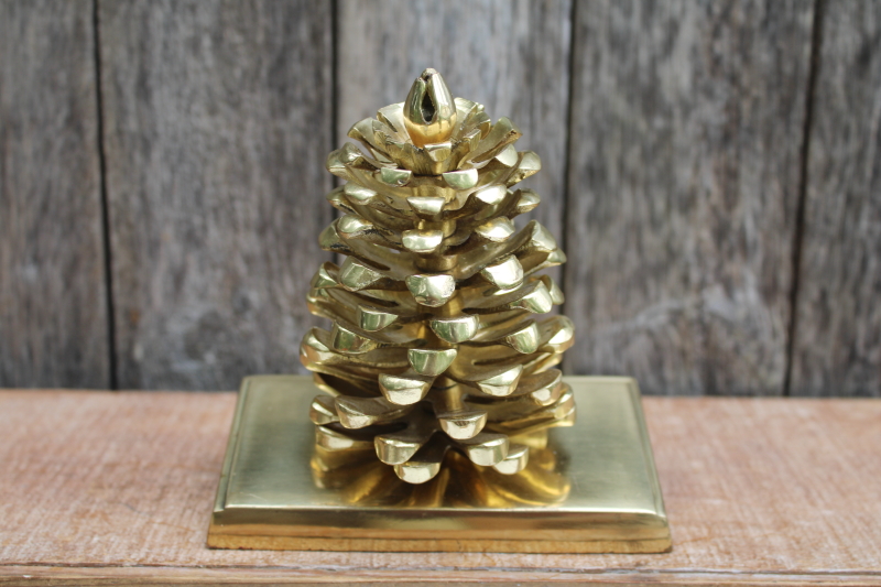 photo of heavy polished brass pinecone, Christmas stocking holder or wreath hanger mantel hook  #6