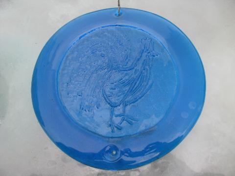 photo of heavy pressed glass sun catcher, retro blue art glass w/ rooster #2