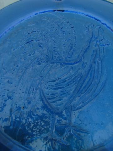 photo of heavy pressed glass sun catcher, retro blue art glass w/ rooster #3