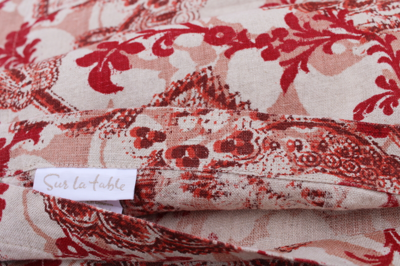 photo of heavy pure linen tablecloth, rustic natural flax & red print Sur le Table label #1