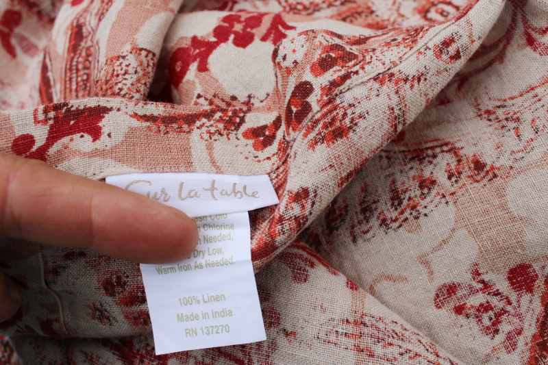 photo of heavy pure linen tablecloth, rustic natural flax & red print Sur le Table label #3