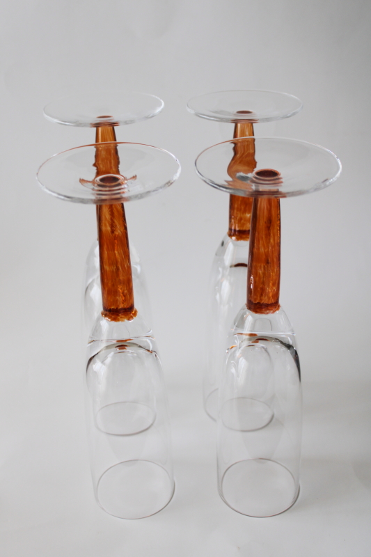 photo of heavy rustic hand blown stemware, champagne flute glasses w/ tortoise shell glass stems #3