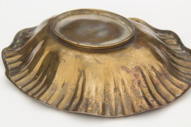 photo of heavy solid brass bowls, vintage dishes w/ worn patina, antique silver wash  #13
