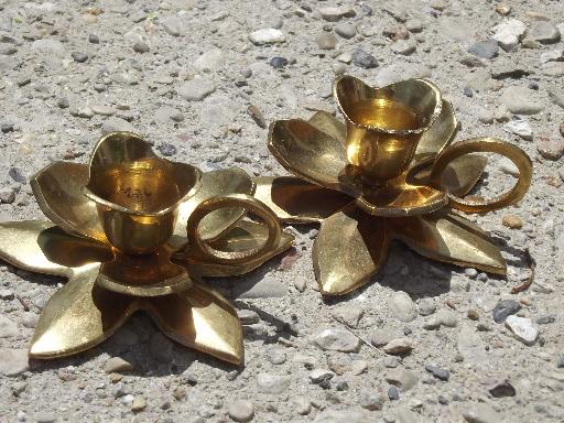 photo of heavy solid brass candlesticks, lot of flower shaped candle holders #6