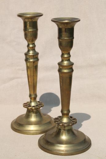 photo of heavy solid brass candlesticks, pair of vintage brass candle holders #1