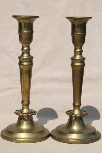 photo of heavy solid brass candlesticks, pair of vintage brass candle holders #2