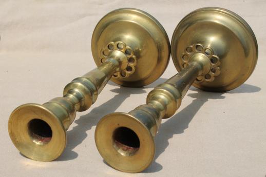 photo of heavy solid brass candlesticks, pair of vintage brass candle holders #5