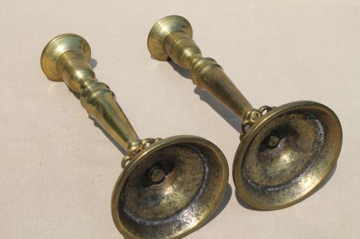 photo of heavy solid brass candlesticks, pair of vintage brass candle holders #7