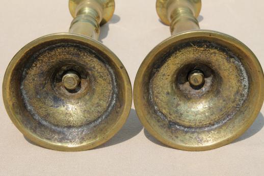 photo of heavy solid brass candlesticks, pair of vintage brass candle holders #8