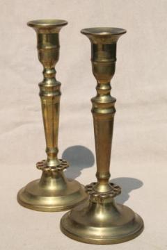 catalog photo of heavy solid brass candlesticks, pair of vintage brass candle holders