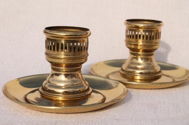 photo of heavy solid brass candlesticks, vintage candle holders for glass hurricane shades #1