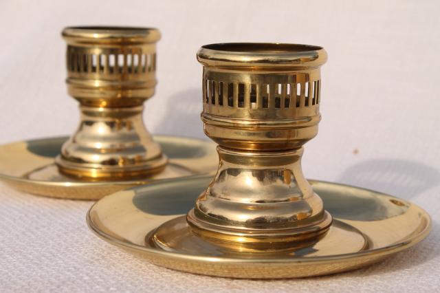 photo of heavy solid brass candlesticks, vintage candle holders for glass hurricane shades #3