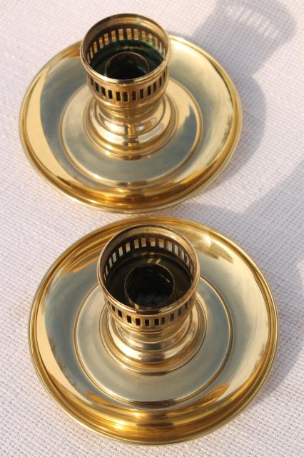 photo of heavy solid brass candlesticks, vintage candle holders for glass hurricane shades #6