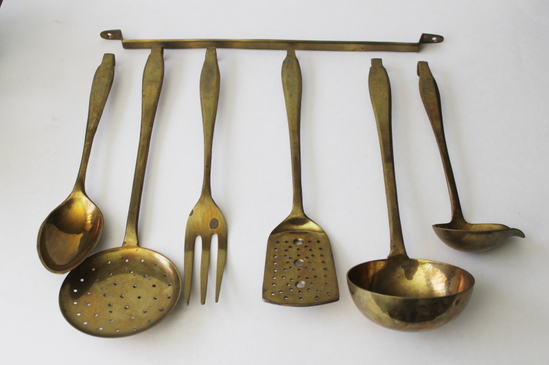 photo of heavy solid brass kitchen utensils & wall hanging rack, large ladle, spoons, skimmer #1