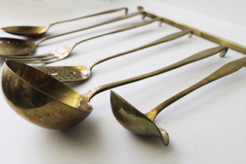 photo of heavy solid brass kitchen utensils & wall hanging rack, large ladle, spoons, skimmer #2