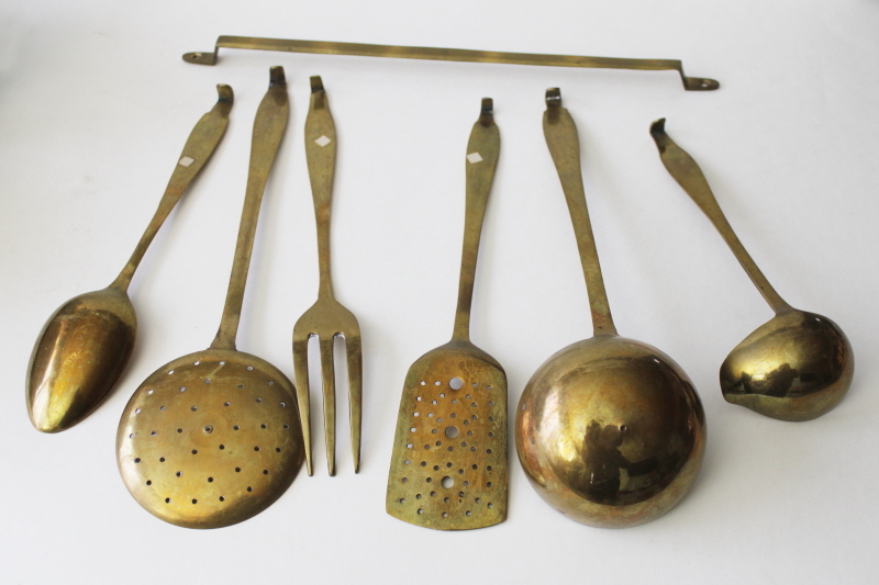 photo of heavy solid brass kitchen utensils & wall hanging rack, large ladle, spoons, skimmer #3