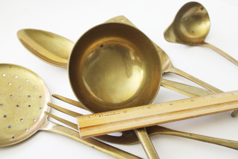 photo of heavy solid brass kitchen utensils & wall hanging rack, large ladle, spoons, skimmer #6