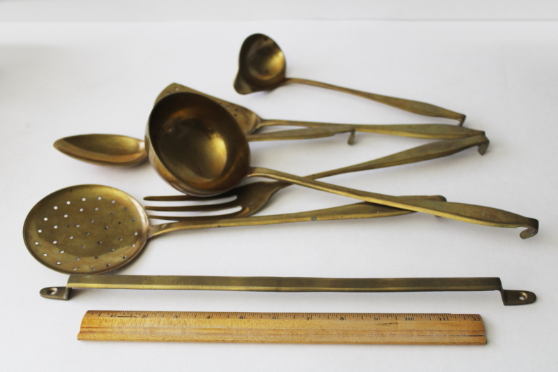 photo of heavy solid brass kitchen utensils & wall hanging rack, large ladle, spoons, skimmer #7