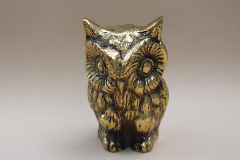 photo of heavy solid brass owl paperweight, vintage Japan figurine wise old owl #1