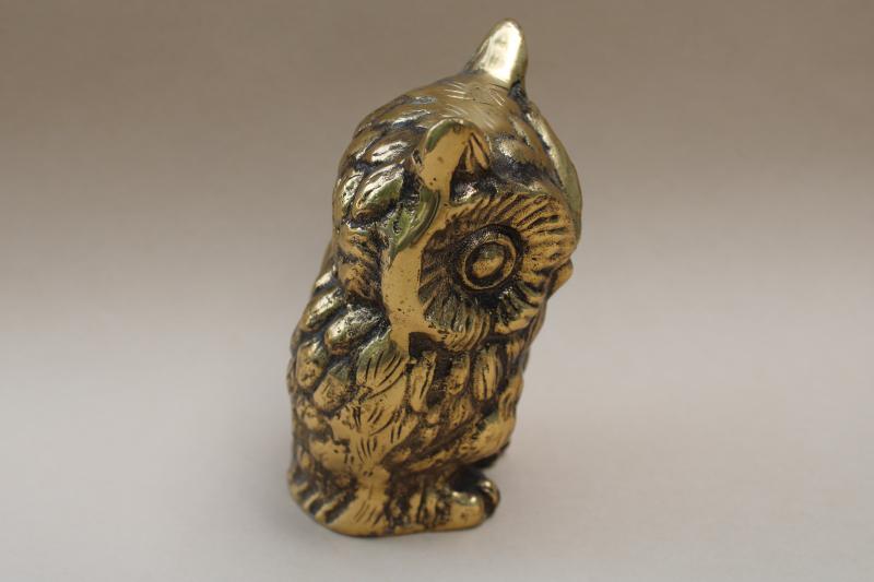 photo of heavy solid brass owl paperweight, vintage Japan figurine wise old owl #5