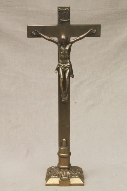 photo of heavy solid brass vintage standing Crucifix cross #1