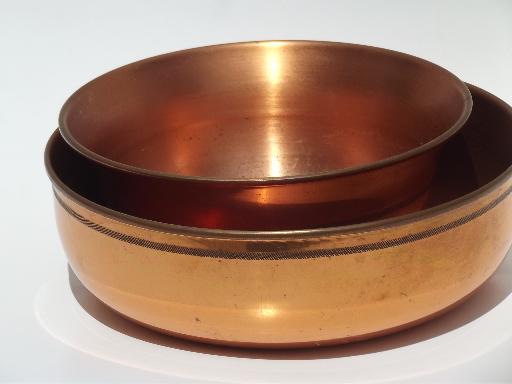 photo of heavy solid copper bowls, 60s or 70s vintage pots for kitchen or garden #7