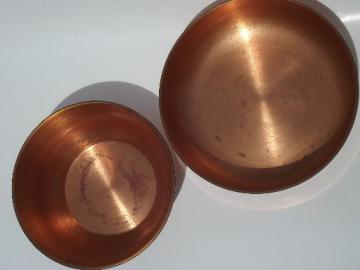 catalog photo of heavy solid copper bowls, 60s or 70s vintage pots for kitchen or garden