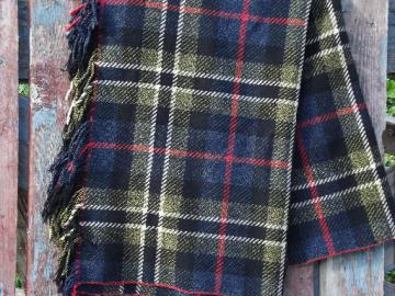 catalog photo of heavy vintage plaid wool camp or picnic blanket w/ fringe, indigo blue