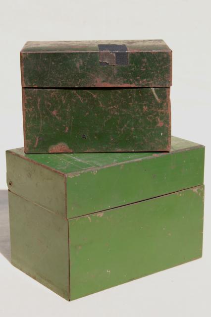 photo of heavy vintage steel card file boxes w/ worn green paint, industrial machine age office storage #1