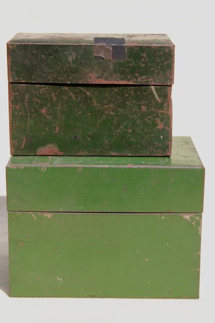 photo of heavy vintage steel card file boxes w/ worn green paint, industrial machine age office storage #3